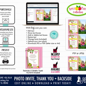 Puede incluir: Conjunto de invitaci&oacute;n y tarjeta de agradecimiento digitales imprimibles para la fiesta de cumplea&ntilde;os de un ni&ntilde;o. La invitaci&oacute;n presenta un fondo de cuadros vichy rosa y blanco con una manzana roja y hojas verdes. La tarjeta de agradecimiento presenta un fondo de cuadros vichy rosa y blanco con una manzana roja y hojas verdes. El texto de la invitaci&oacute;n dice "&iexcl;Est&aacute;s invitado!" y el texto de la tarjeta de agradecimiento dice "&iexcl;Gracias!"