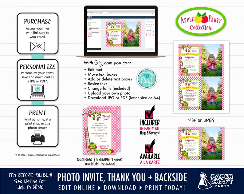 Puede incluir: Conjunto de invitaci&oacute;n y tarjeta de agradecimiento digitales imprimibles para la fiesta de cumplea&ntilde;os de un ni&ntilde;o. La invitaci&oacute;n presenta un fondo de cuadros vichy rosa y blanco con una manzana roja y hojas verdes. La tarjeta de agradecimiento presenta un fondo de cuadros vichy rosa y blanco con una manzana roja y hojas verdes. El texto de la invitaci&oacute;n dice "&iexcl;Est&aacute;s invitado!" y el texto de la tarjeta de agradecimiento dice "&iexcl;Gracias!"