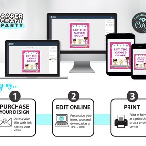 May include: A digital illustration of a pink sign with the text "Let the games begin!" and two girls doing gymnastics. The sign is surrounded by stars and glitter. The image shows the steps to purchase, edit, and print the design.