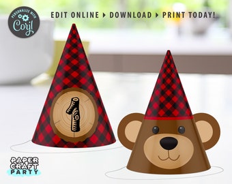 Lumberjack Printable Party Hats, Bear Hat, Edit Online + Download Today With Free Corjl.com 0030