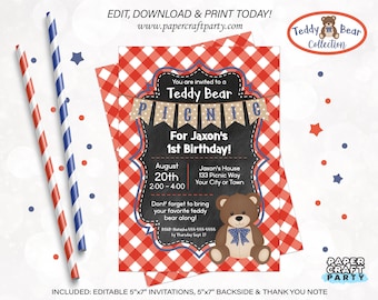 Teddy Bear Picnic Printable Invitation, Thank You Note & Backside in RED+BLUE, Edit Online + Download Today With Free Corjl.com 0082