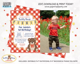 Teddy Bear Picnic Printable PHOTO Invitation and Thank You Note, Includes Backside, Edit Online + Download Today With Free Corjl.com 0083