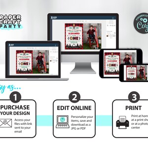 May include: A step-by-step guide on how to purchase, edit, and print a printable invitation for a lumberjack themed first birthday party. The invitation features a red and black plaid background with a cartoon lumberjack and the text "Lumberjack First Birthday Party".