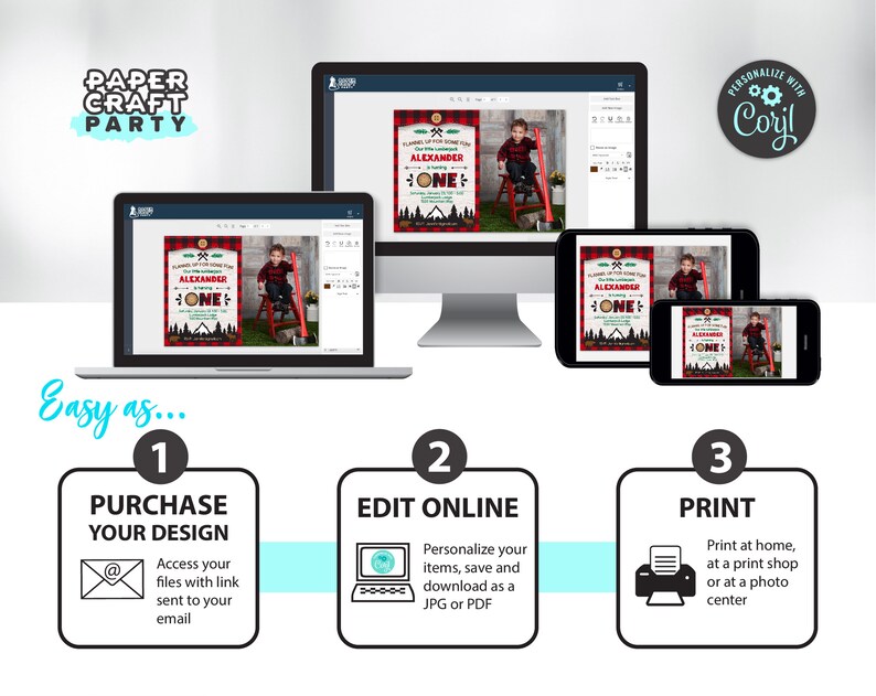May include: A step-by-step guide on how to purchase, edit, and print a printable invitation for a lumberjack themed first birthday party. The invitation features a red and black plaid background with a cartoon lumberjack and the text "Lumberjack First Birthday Party".