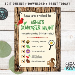 Convite para impressão de caça ao tesouro, verso e nota de agradecimento, Nature Woodland Party, edite online + baixe hoje mesmo com grátis Corjl.com 0039