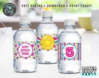 Gymnastics Party Drink Labels, Printable Birthday Water Bottle Wrappers, Edit Online + Download Today With Free Corjl.com 0021