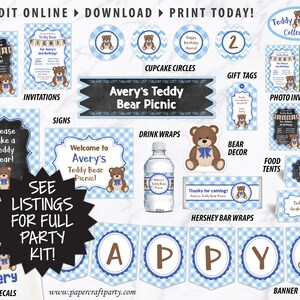 May include: A blue and white gingham pattern is used throughout this set of printable party decorations for a teddy bear themed party. The set includes invitations, cupcake circles, gift tags, photo invitations, signs, drink wraps, bear decor, food tents, Hershey bar wraps, a banner, and t-shirt decals. The text "Avery's Teddy Bear Picnic" is featured on a chalkboard sign.
