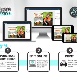 Pode incluir: Uma ilustra&ccedil;&atilde;o digital que mostra um processo de tr&ecirc;s etapas para criar um convite de festa imprim&iacute;vel. As etapas s&atilde;o: 1. Compre seu design, 2. Edite online e 3. Imprima. A imagem mostra uma tela de computador, um tablet e um smartphone, cada um mostrando uma etapa diferente do processo. O convite &eacute; para uma festa de anivers&aacute;rio infantil e apresenta uma imagem de desenho animado de uma crian&ccedil;a dirigindo um ATV.