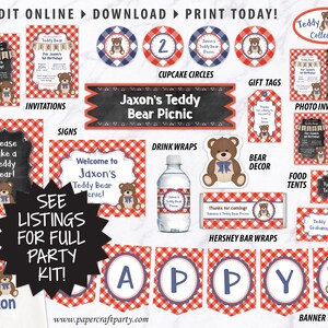 May include: A printable party kit for a teddy bear themed picnic. The kit includes invitations, cupcake circles, gift tags, photo invitations, signs, drink wraps, bear decor, food tents, Hershey bar wraps, and a banner. The design features a red and white gingham pattern with blue accents.