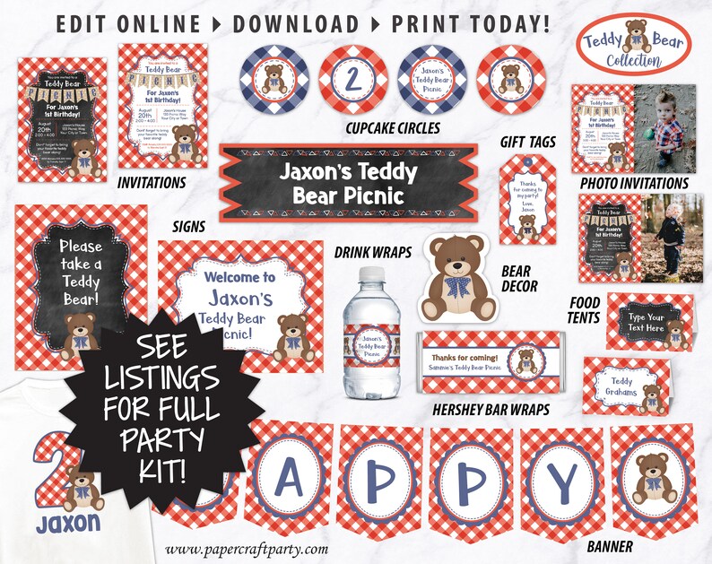 May include: A printable party kit for a teddy bear themed picnic. The kit includes invitations, cupcake circles, gift tags, photo invitations, signs, drink wraps, bear decor, food tents, Hershey bar wraps, and a banner. The design features a red and white gingham pattern with blue accents.