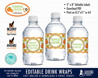 Pumpkin Patch Party Drink Labels, Printable Birthday Water Bottle Wrappers, Edit Online + Download Today With Free Corjl.com