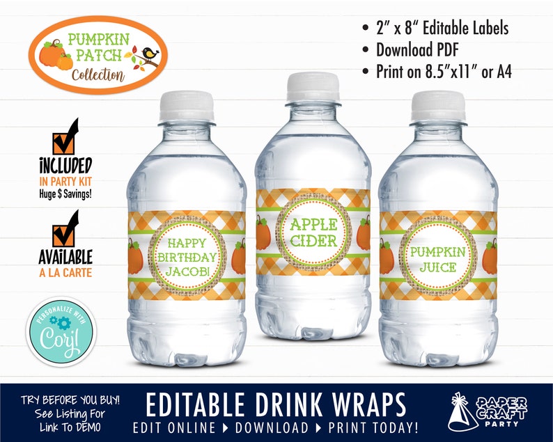 Op de afbeelding: Bewerkbare, afdrukbare waterfleslabels met een herfstthema. De labels bevatten pompoenen, ruitjes en jute met tekst die zegt "Happy Birthday Jacob", "Appelcider" en "Pompoensoep".