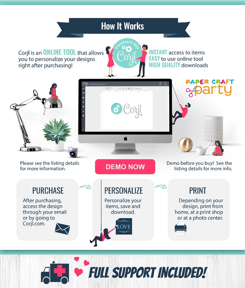 Puede incluir: Un gr&aacute;fico que muestra c&oacute;mo usar una herramienta en l&iacute;nea para personalizar e imprimir dise&ntilde;os. El gr&aacute;fico incluye una pantalla de computadora con la palabra "Corjl" y tres pasos: compra, personalizaci&oacute;n e impresi&oacute;n. El gr&aacute;fico tambi&eacute;n incluye el texto "&iexcl;Soporte completo incluido!"