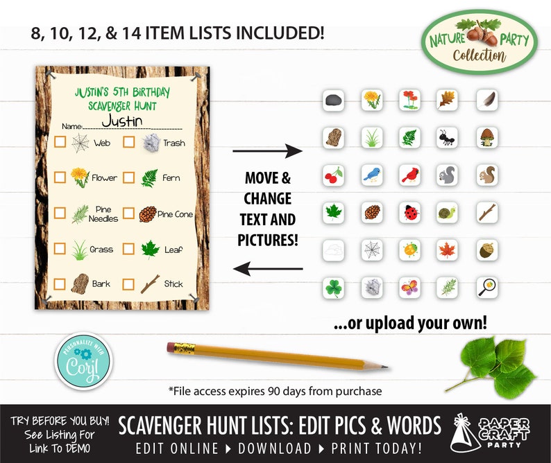 Scavenger Hunt Printable Lists with Editable Pictures & Words, Nature, Woodland Party, Edit Online Download Today With Free Corjl.com 0039 image 2