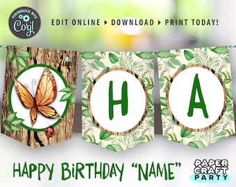 Puede incluir: Una pancarta imprimible con un tema de bosque. La pancarta tiene hojas verdes, madera marrón y una mariposa. La pancarta dice "Feliz cumpleaños" y tiene un espacio para agregar un nombre. La pancarta también dice "Paper Craft Party".