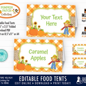 Könnte beinhalten: Bearbeitbare Lebensmittel-Zeltvorlagen für eine Kürbis-Patch-Party. Die Vorlagen zeigen einen Vogelscheuche, Kürbisse, Sonnenblumen und ein Gingham-Muster. Der Text auf den Vorlagen lautet "Ihr Text hier", "Karamell Äpfel", "Kürbiskekse" und "Karamell Mais".