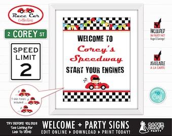 Race Car Party Printable Welcome Sign & Party Signs, Street Signs, Speed Limit Age Sign, Edit Online+Download Today With Free Corjl.com 0062