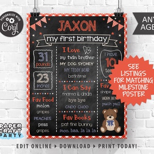 May include: A red and black chalkboard style first birthday sign with the name Jaxon. The sign includes details about the child's weight, height, favorite foods, books, and things they can say. The sign also features a teddy bear illustration.