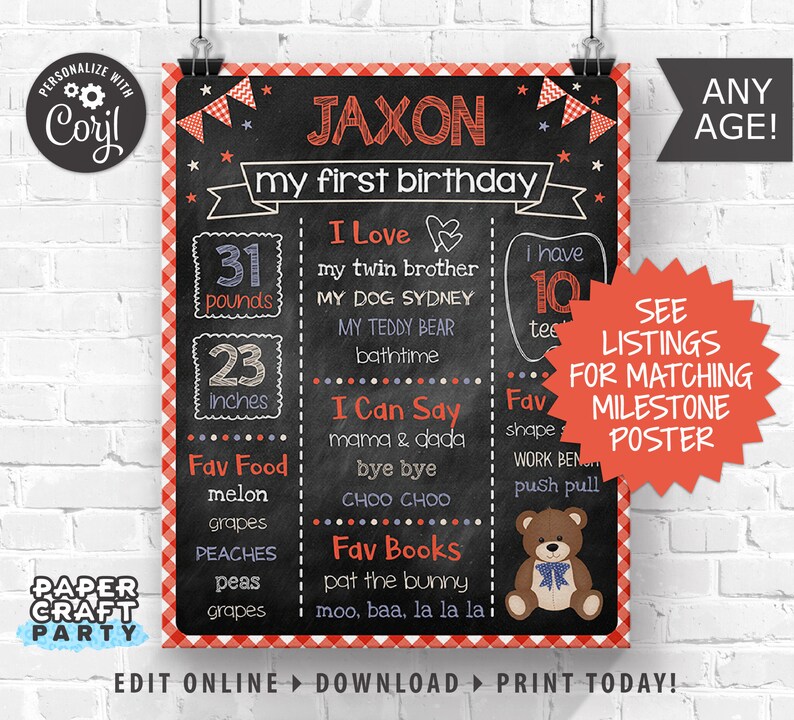May include: A red and black chalkboard style first birthday sign with the name Jaxon. The sign includes details about the child's weight, height, favorite foods, books, and things they can say. The sign also features a teddy bear illustration.