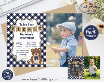 Teddy Bear Picnic Printable PHOTO Invitation and Thank You Note, Includes Backside, Edit Online + Download Today With Free Corjl.com 0085