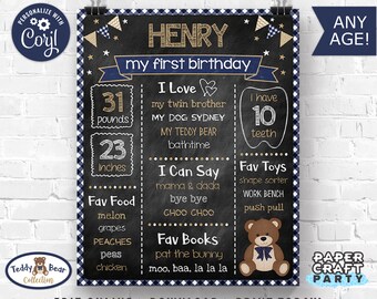 Teddy Bear Picnic Milestone Chalkboard Poster in Navy Blue, Printable Sign, Edit Online + Download Today With Free Corjl.com 0085