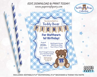 Teddy Bear Picnic Printable Invitation and Thank You Note, Includes Backside, Edit Online + Download Today With Free Corjl.com 0081