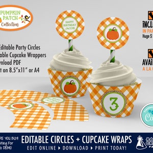 Op de afbeelding: Bewerkbare, afdrukbare cupcake-verpakkingen en cirkels met een pompoen-patch-thema voor een feestje in oranje en wit gingham met een pompoen- en jute-ontwerp. De tekst "INCLUDED IN PARTY KIT Huge $ Savings!" en "AVAILABLE A LA CARTE" is ook in de afbeelding opgenomen.