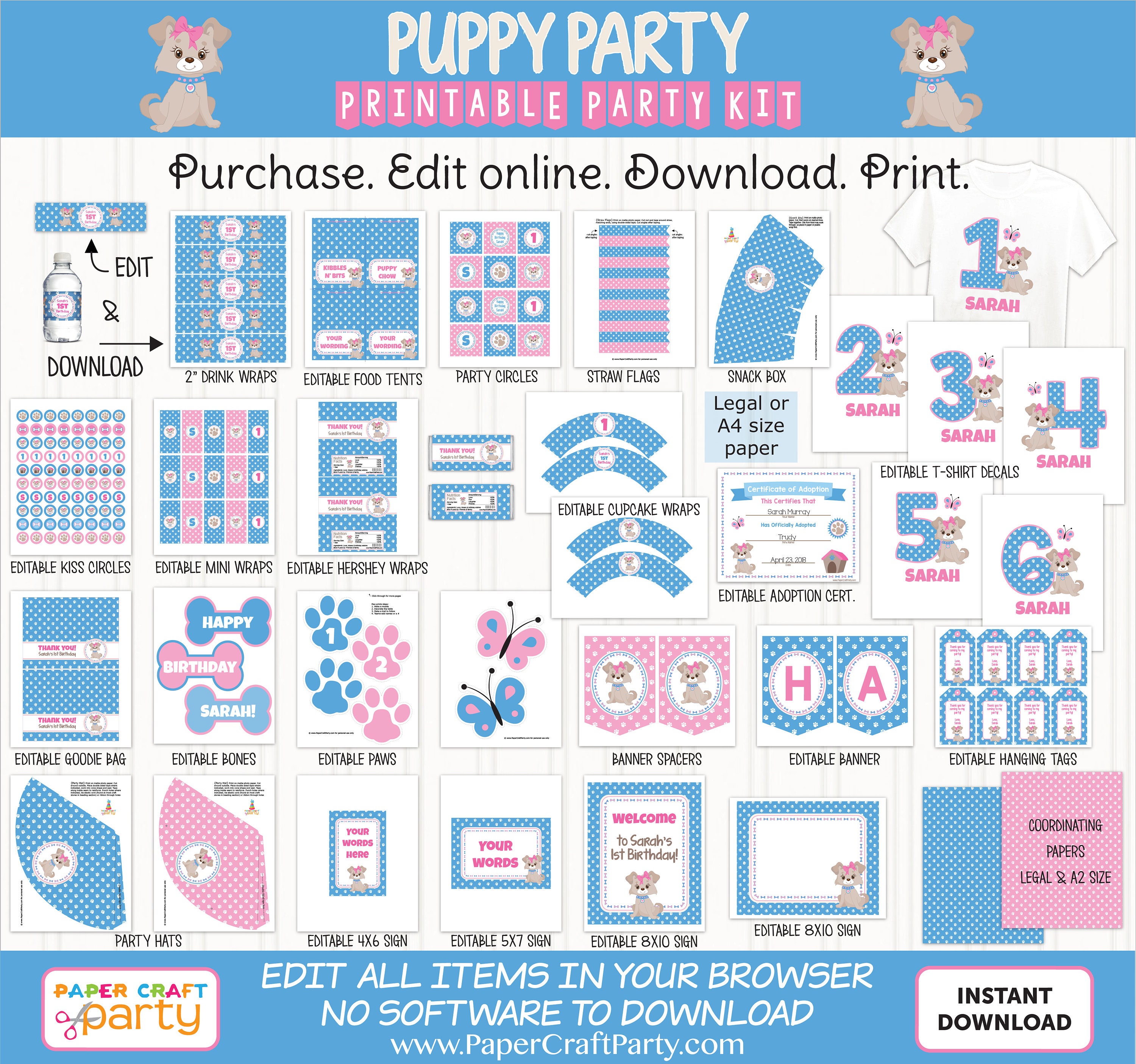Puppy Party Printable Kit, Invite Included, Pink Puppy Pawty, Puppy ...