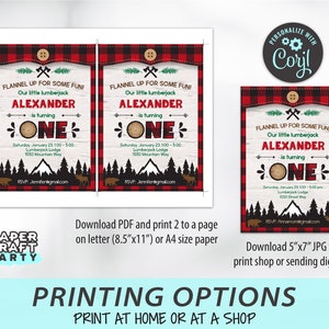 May include: Printable invitation for a first birthday party with a lumberjack theme. The invitation features a red and black buffalo plaid pattern, a woodsy scene with a mountain, trees, and a bear, and the text "Flannel Up for Some Fun! Our little lumberjack Alexander is turning ONE".
