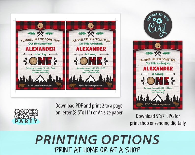 May include: Printable invitation for a first birthday party with a lumberjack theme. The invitation features a red and black buffalo plaid pattern, a woodsy scene with a mountain, trees, and a bear, and the text "Flannel Up for Some Fun! Our little lumberjack Alexander is turning ONE".