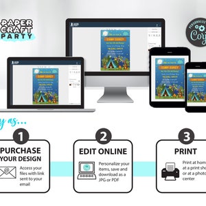 May include: A digital illustration of a camping-themed birthday invitation with a blue background, a tent, a campfire, and the text "Camp Corey - You're Invited to the Coolest Campout". The invitation is displayed on a computer screen, a tablet, and a smartphone. The text "Easy as..." is displayed below the images, along with three numbered steps: "Purchase Your Design", "Edit Online", and "Print".