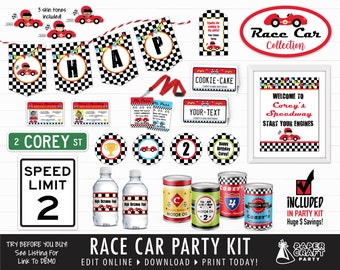 Puede incluir: Kit de fiesta de coches de carreras imprimible con un tema de bandera a cuadros. Incluye un cartel de bienvenida, un cartel de límite de velocidad, un cartel de pastel de galletas, una licencia de conducir y más. El kit es editable e imprimible. El texto en el cartel de bienvenida dice "Bienvenido a Corey's Speedway Start Your Engines".