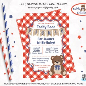 May include: Red and white gingham patterned invitation for a Teddy Bear Picnic for Jaxon's 1st birthday. The invitation features a cartoon teddy bear wearing a blue bow tie. The text on the invitation reads "You are invited to a Teddy Bear Picnic for Jaxon's 1st Birthday!" and includes the date, time, and location of the party.