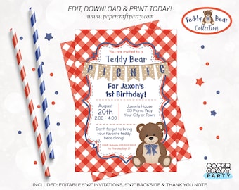 Teddy Bear Picnic Printable Invitation, Thank You Note & Backside in RED+BLUE, Edit Online + Download Today With Free Corjl.com 0082