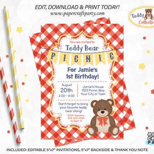 Teddy Bear Picnic Printable Invite & Thank You Note Red + Yellow, Includes Backside, Edit Online + Download Today With Free Corjl.com 0083