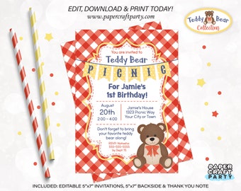 Teddy Bear Picnic Printable Invite & Thank You Note Red + Yellow, Includes Backside, Edit Online + Download Today With Free Corjl.com 0083