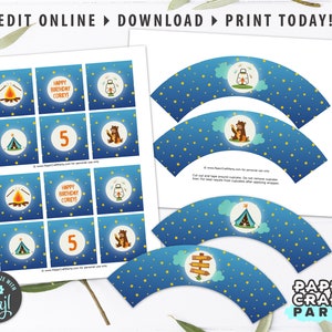 May include: Printable cupcake wrappers with a camping theme. The wrappers feature a blue background with yellow stars, a campfire, a tent, a lantern, and a bear. The text "Happy Birthday Corey" and the number "5" are also included.