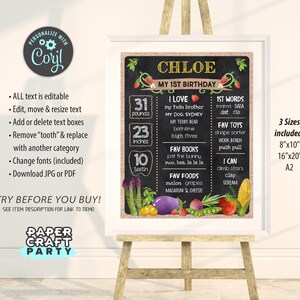 May include: A chalkboard style printable sign for a first birthday party. The sign is decorated with a burlap background and features a chalkboard with the name Chloe and details about her first year, including her weight, height, and favorite things. The sign is available in three sizes: 8x10 inches, 16x20 inches, and A2.