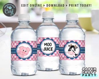 Farm Birthday Drink Labels, Printable Water Bottle Wrappers, Edit Online + Download Today With Free Corjl.com 0047