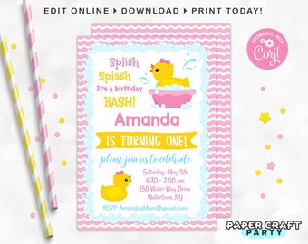 Rubber Ducky Printable Birthday Party Invitation, Thank You Note + Backside Included, Edit Online+Download With Free Corjl.com 0089B