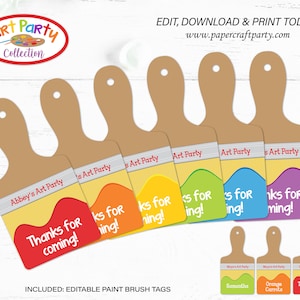 Art Party afdrukbare verfkwast-cadeaukaartjes, naamplaatjes, voedselkaartjes in rood, online bewerken + vandaag downloaden met gratis Corjl.com 0031