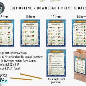 May include: Printable scavenger hunt checklist with a blue and green background. The checklist includes a variety of nature-themed items, such as pine cones, leaves, and rocks. The checklist is titled "Camp Corey Scavenger Hunt".