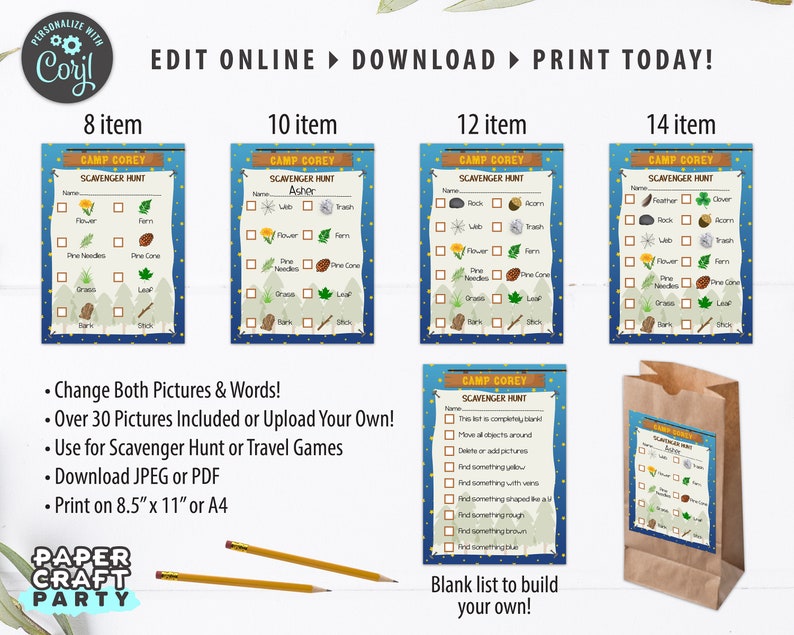May include: Printable scavenger hunt checklist with a blue and green background. The checklist includes a variety of nature-themed items, such as pine cones, leaves, and rocks. The checklist is titled "Camp Corey Scavenger Hunt".