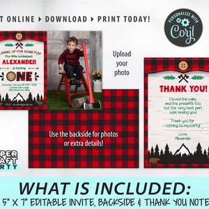 May include: Editable printable invitation for a first birthday party with a lumberjack theme. The invitation features a red and black buffalo plaid pattern, a photo of a child, and the text "Flannel Up for Some Fun! Our little lumberjack Alexander is turning One".