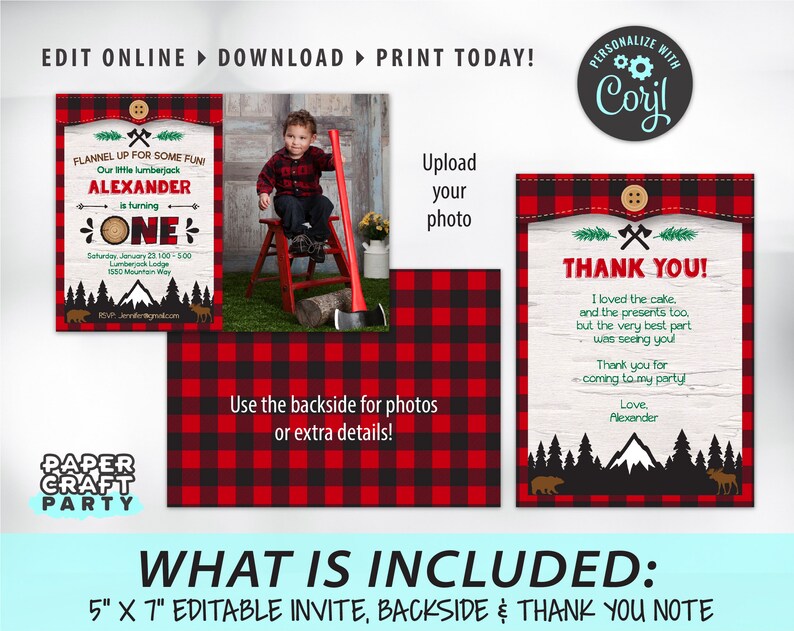May include: Editable printable invitation for a first birthday party with a lumberjack theme. The invitation features a red and black buffalo plaid pattern, a photo of a child, and the text "Flannel Up for Some Fun! Our little lumberjack Alexander is turning One".
