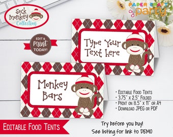 Sock Monkey Party Printable Food Tents, Place Cards, Edit Online + Download Today With Free Corjl.com SMR