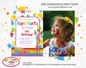 Paint Art Party Printable PHOTO Invite, Backside & Thank you Note included, Edit Online + Download Today With Free Corjl.com 0031