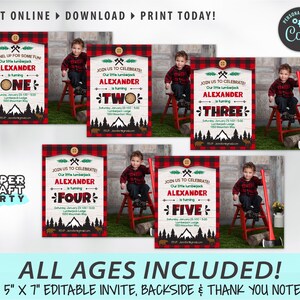 May include: A set of 5 printable lumberjack birthday invitations featuring a boy in a red and black plaid shirt. The invitations are designed with a red and black buffalo plaid background and feature a woodsy theme with a mountain, trees, and a moose. The invitations are editable and include a thank you note. The invitations are 5 inches by 7 inches.