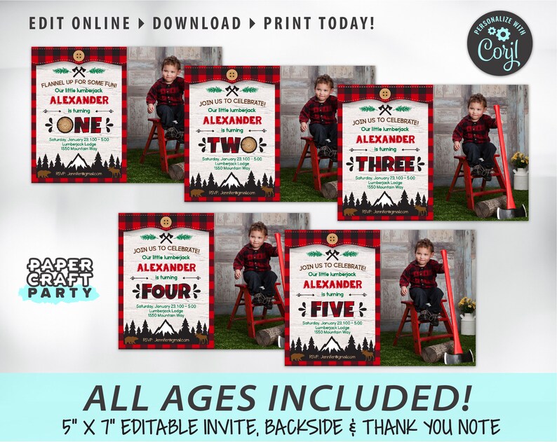 May include: A set of 5 printable lumberjack birthday invitations featuring a boy in a red and black plaid shirt. The invitations are designed with a red and black buffalo plaid background and feature a woodsy theme with a mountain, trees, and a moose. The invitations are editable and include a thank you note. The invitations are 5 inches by 7 inches.