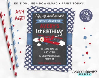 Airplane Printable Birthday Party Invitation, Thank You Note + Backside Included, Edit Online+Download With Free Corjl.com